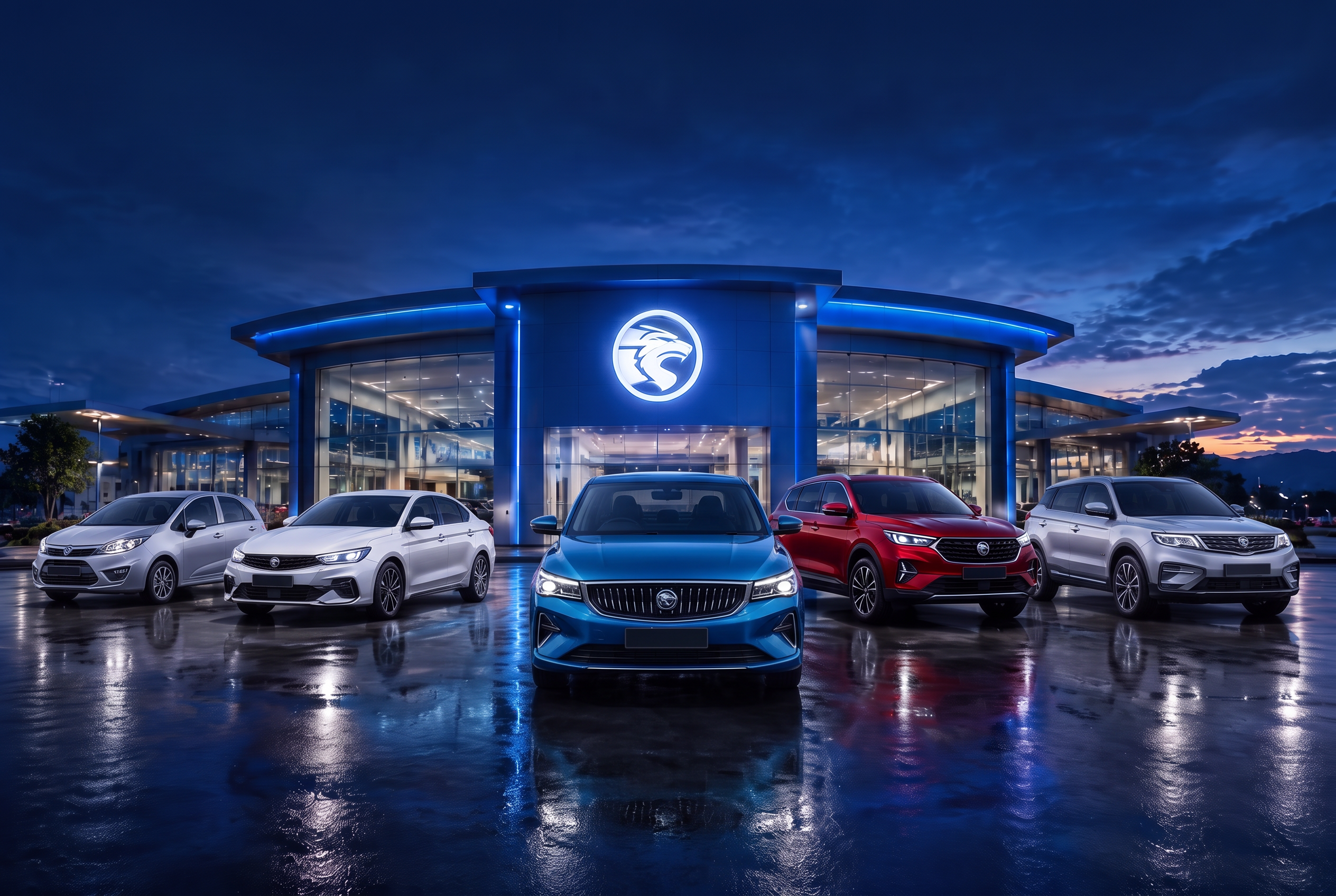 Barisan kenderaan Proton di hadapan ruang pameran pada waktu malam